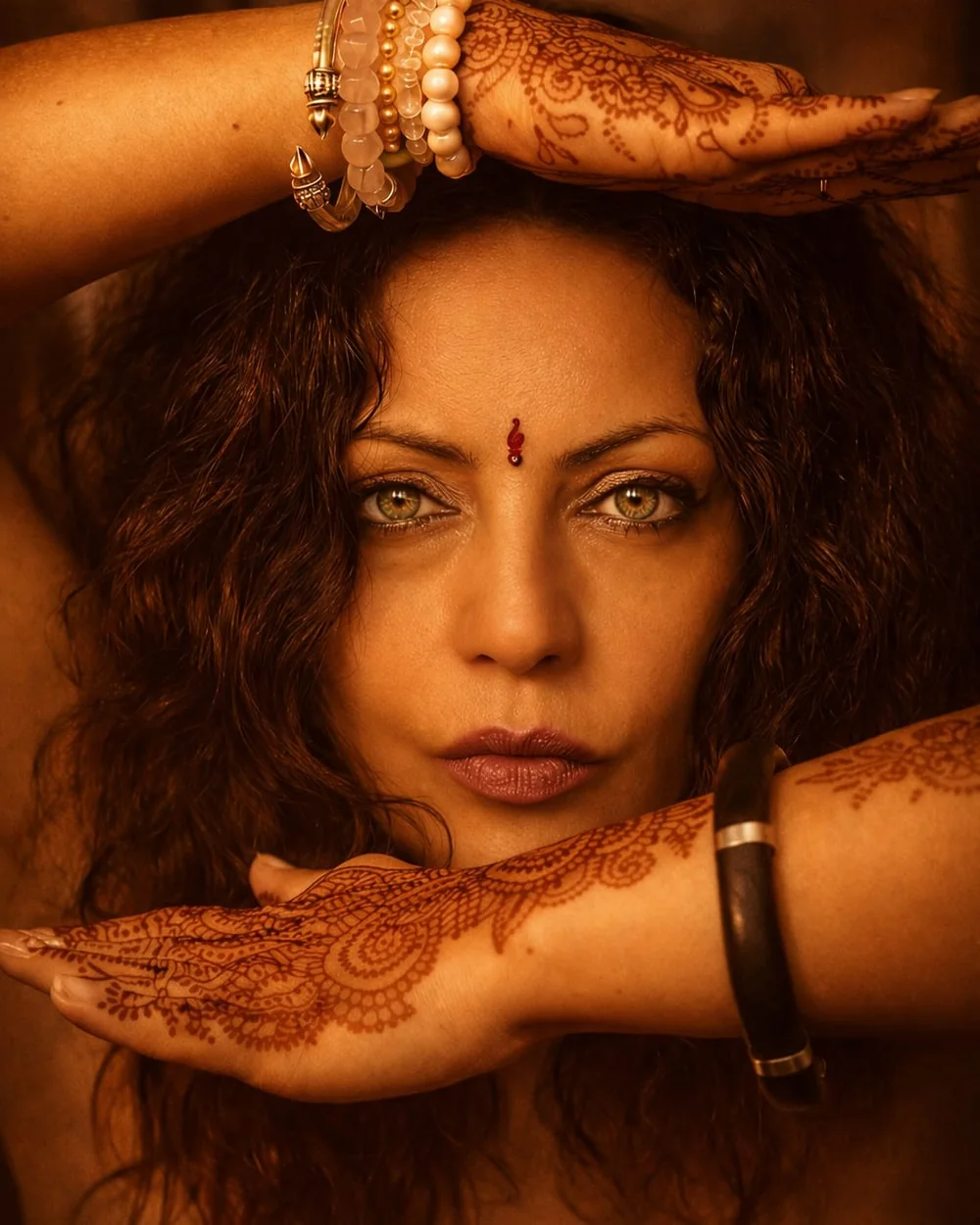 Portrait of Madalina, her hands framing her face, palms painted with henna